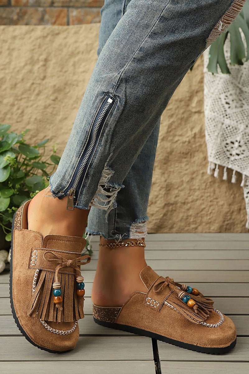Load image into Gallery viewer, DLLSHOE 175 - Chestnut Boho Fringed Faux Suede Slip-on Loafers Square Toe Slippers
