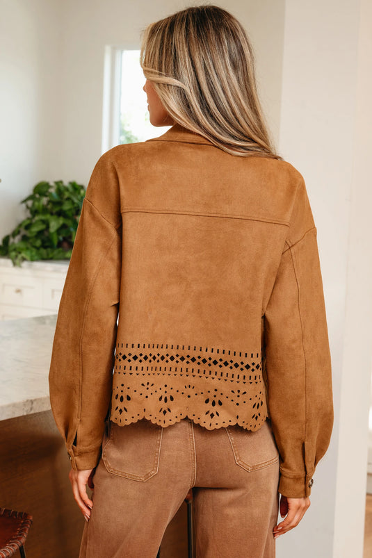 DLLS754 - Ladies Thai Curry Solid Color Faux Suede Hollowed Detail Retro Style Jacket