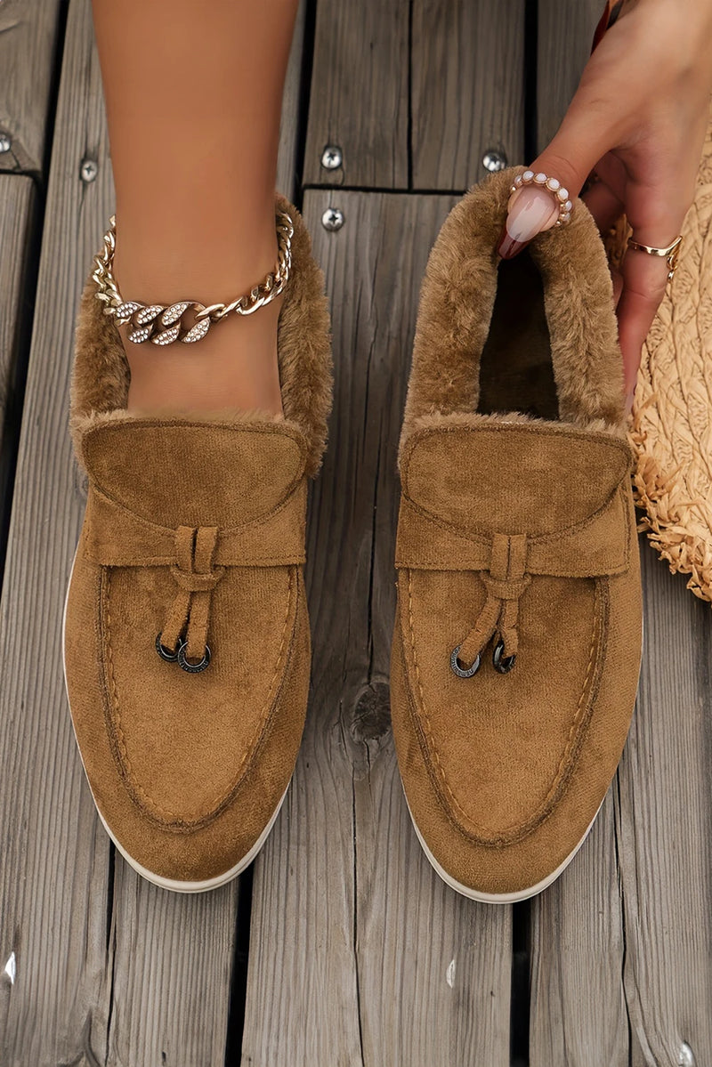 Load image into Gallery viewer, DLLSHOE 203 - Chestnut Suede Furry Lined Slip on Flat Shoes
