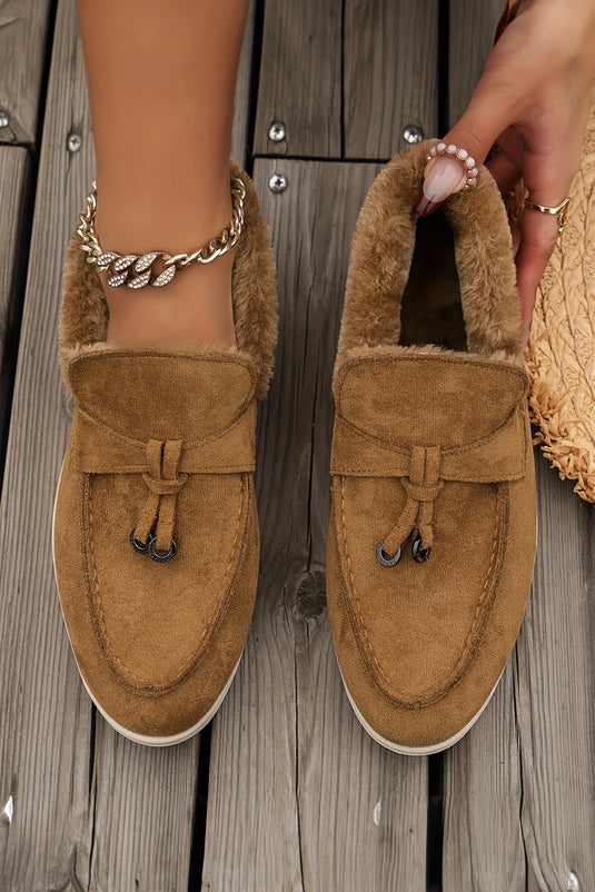 DLLSHOE 203 - Chestnut Suede Furry Lined Slip on Flat Shoes