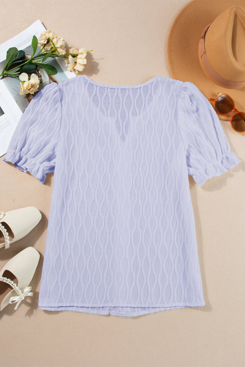 Load image into Gallery viewer, DLLS359 - Ladies Lilac Solid Color Textured Notched Neck Puff Sleeve Blouse

