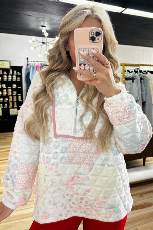 DLLS860 - Ladies Multicolour Floral Quilted Metal Zipper Collar Long Sleeve Sweatshirt