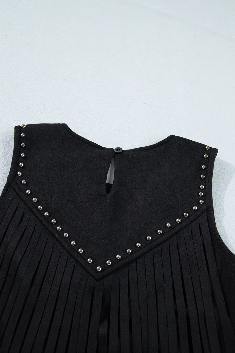 Load image into Gallery viewer, DLLS671 - Ladies Black Button Keyhole Stud Tassel Detail Sleeveless Top
