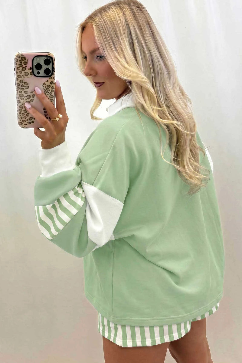 Load image into Gallery viewer, DLLS893 - Ladies Smoke Green Striped Color Block Pullover Top Drawstring Shorts Set
