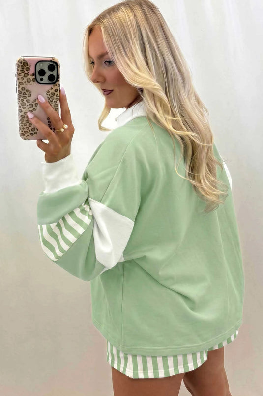 DLLS893 - Ladies Smoke Green Striped Color Block Pullover Top Drawstring Shorts Set