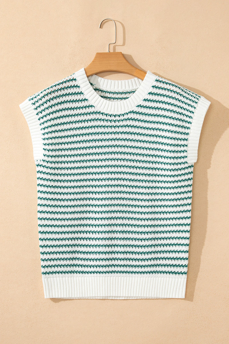 Load image into Gallery viewer, DLLS509 - Ladies Green Stripe Ribbed Trim Loose Fit Knitted Sweater Vest
