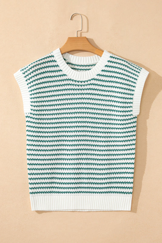 DLLS509 - Ladies Green Stripe Ribbed Trim Loose Fit Knitted Sweater Vest