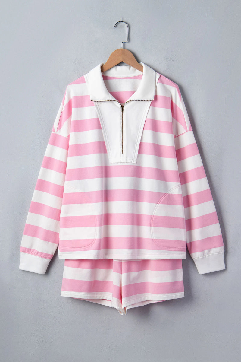 Load image into Gallery viewer, DLLS816 - Ladies Pink Stripe Patchwork Zipper Pullover Elastic Waist Shorts 2pcs Set
