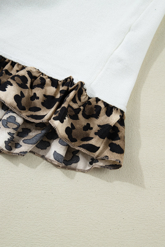 DLLS371 - Ladies White Knitted Leopard Ruffle Patchwork Button Down Cropped Cardigan