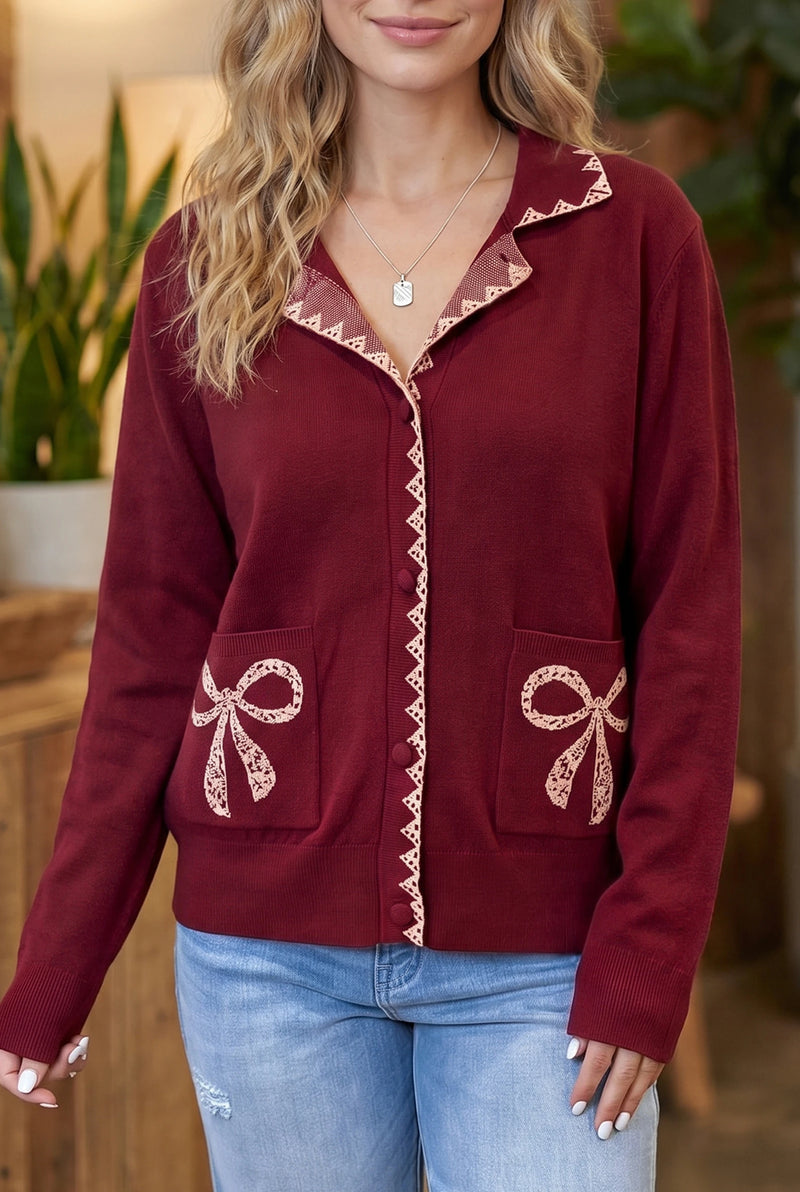 Load image into Gallery viewer, DLLS1009 - Ladies Burgundy Bow Pocket Collar Long Sleeve Knit Cardigan
