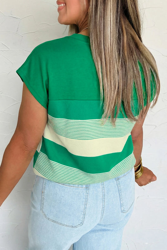 DLLS483 - Ladies Green Stripe Mixed Print Crew Neck Cap Sleeve T Shirt