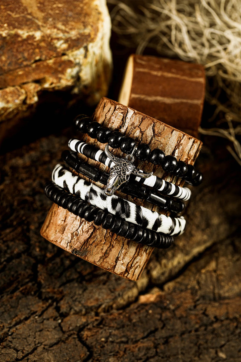 Load image into Gallery viewer, DLLBC 24 - Color Black Timber Beads Western Skull Head Charm 5pcs Bracelet Set
