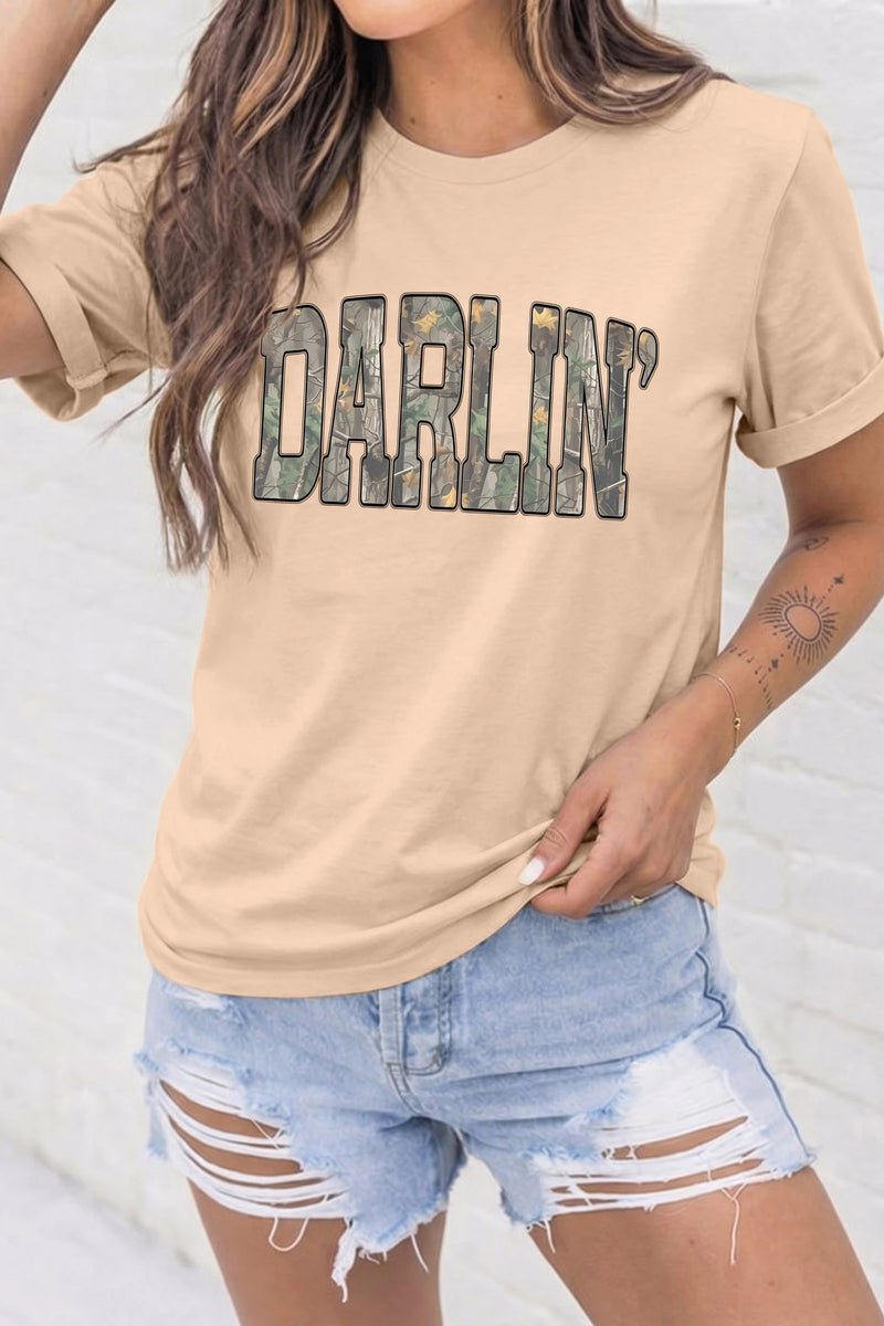 Load image into Gallery viewer, DLLS773 - Ladies Khaki DARLIN Camo Letter Print Crewneck T Shirt
