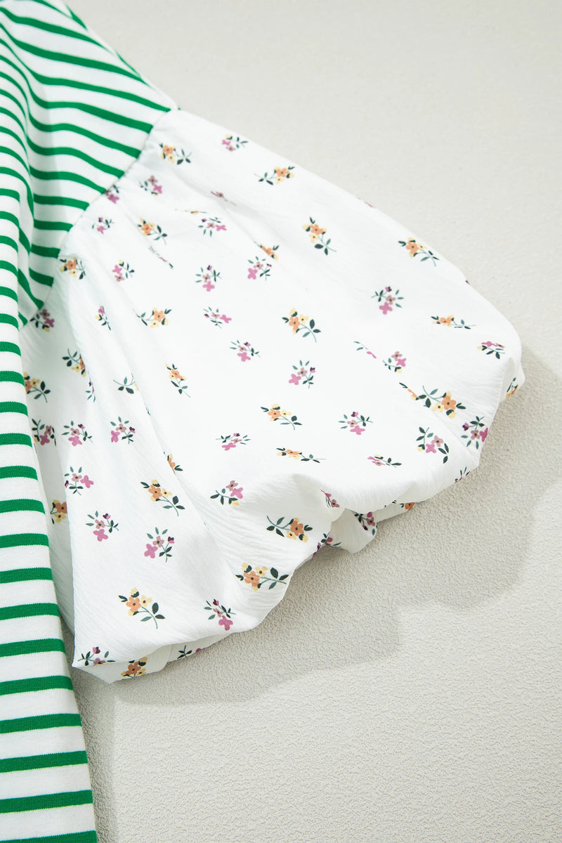 Load image into Gallery viewer, DLLS507 - Ladies Green Stripe Floral Puff Sleeve Patchwork Round Neck Loose Top
