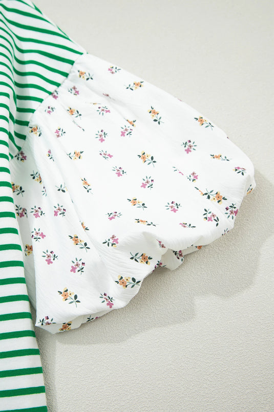 DLLS507 - Ladies Green Stripe Floral Puff Sleeve Patchwork Round Neck Loose Top