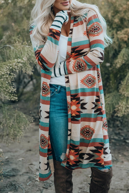 DLLS758 - Ladies Multicolor Geometric Color Block Open Front Long Cardigan