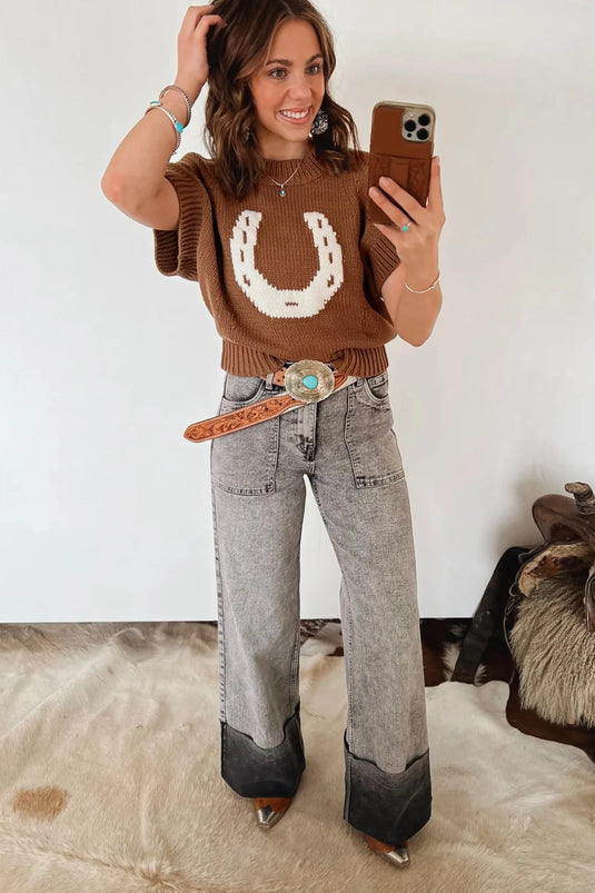DLLS652 - Ladies Chestnut Western Print Short Sleeve Round Neck Drop Shoulder Knit Top
