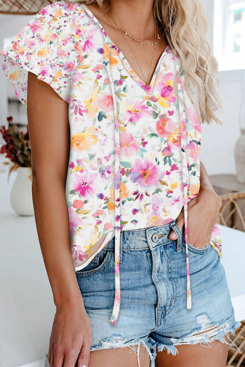 Load image into Gallery viewer, DLLS536 - Ladies Pink V-Neck Short Sleeve Fashion Print Fantasy Fluttering Blouse
