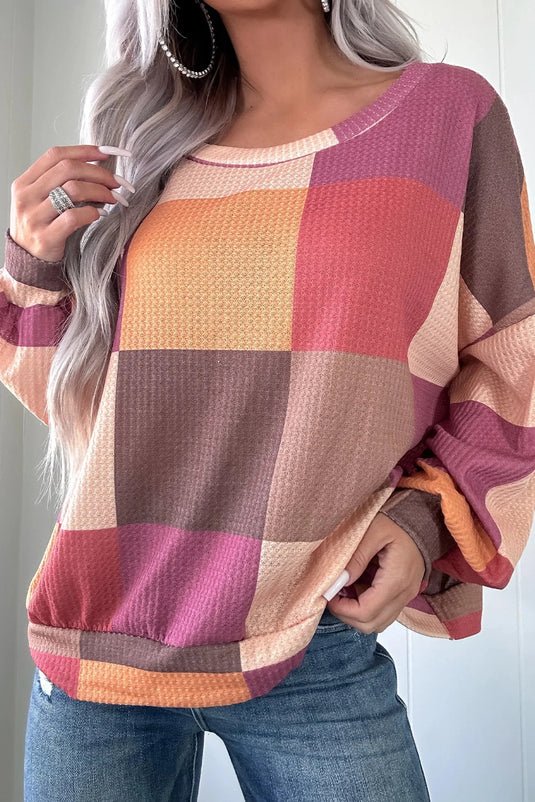 DLLS198 - Ladies Rose Red Checkered Print Textured Knit Long Sleeve Loose Top