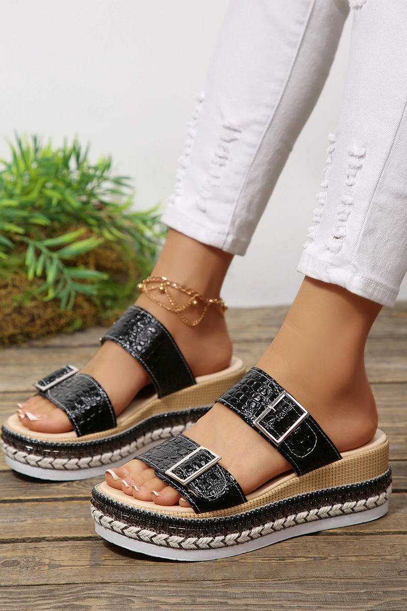 Load image into Gallery viewer, DLLSHOE 171 - Color Black Metallic Textured PU Leather Buckle Wedge Platform Slippers
