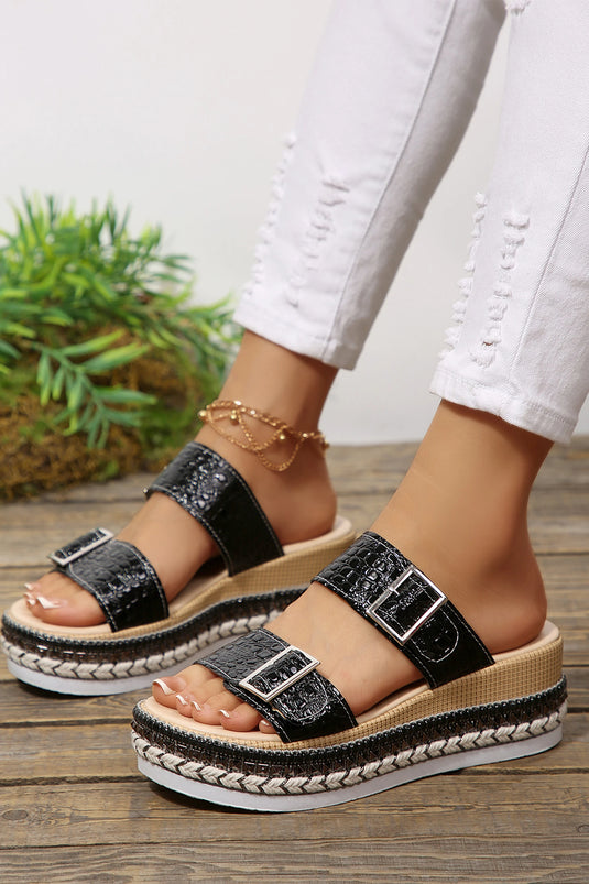 DLLSHOE 171 - Color Black Metallic Textured PU Leather Buckle Wedge Platform Slippers