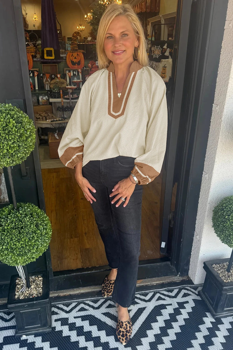 Load image into Gallery viewer, DLLS288 - Ladies Jet Stream Color Block V Neck Textured Long Sleeve Blouse
