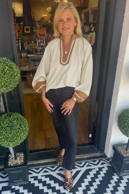 DLLS288 - Ladies Jet Stream Color Block V Neck Textured Long Sleeve Blouse