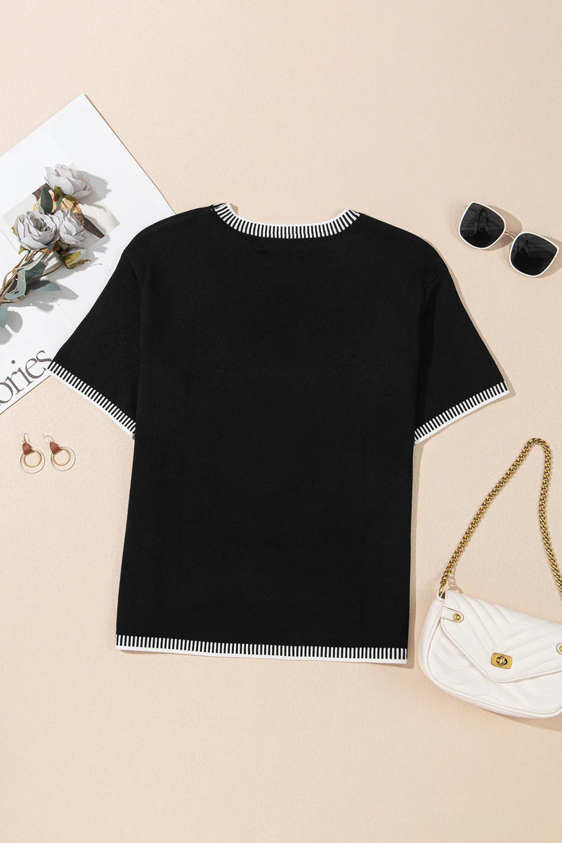 Load image into Gallery viewer, DLLS520 - Ladies Black Contrast Striped Trim Round Neck Half Sleeve Sweater
