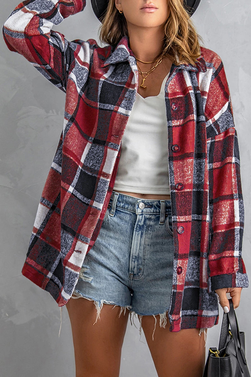 Load image into Gallery viewer, DLLS261 - Ladies Fiery Red Plaid Print Buttoned Shirt Jacket
