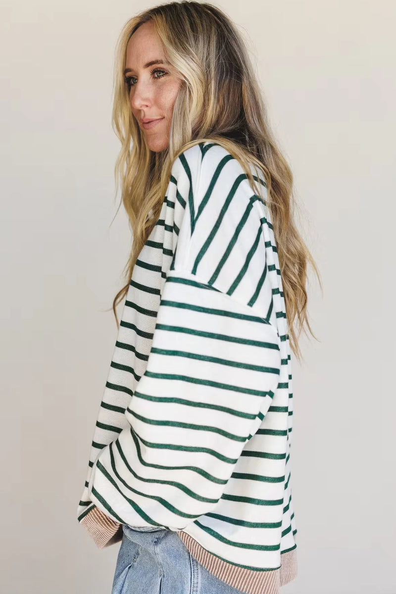 Load image into Gallery viewer, DLLS405 - Ladies White Stripe Twisted Ribbed Patchwork Drop Shoulder Round Neck Sweatshirt
