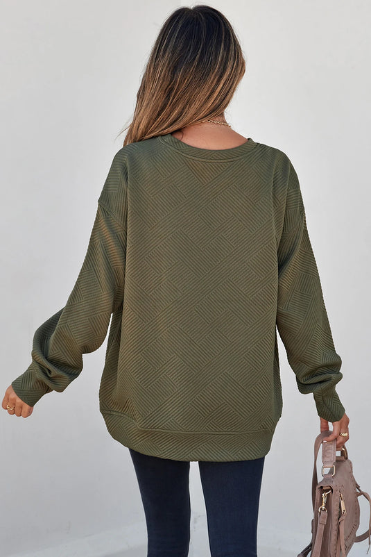 DLLS1133 - Ladies Green Textured Round Neck Drop Shoulder Pullover Sweatshirt