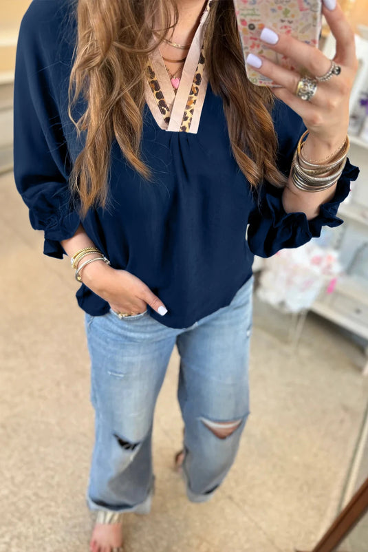DLLS252 - Ladies Dirty blue Leopard Trim V Neck Flounced Bracelet Sleeve Blouse