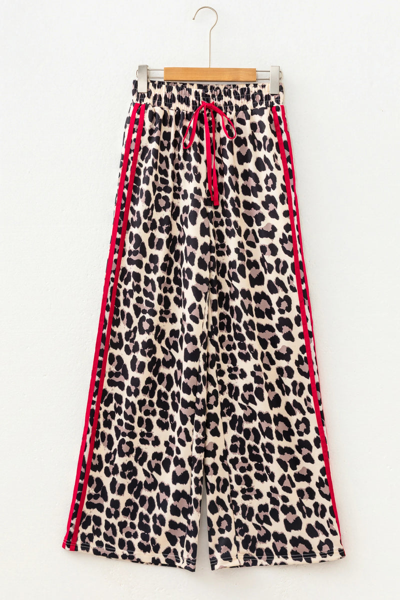 Load image into Gallery viewer, DLLS766 - Ladies Red Contrast Detail Tie Waist Leopard Print Casual Pants

