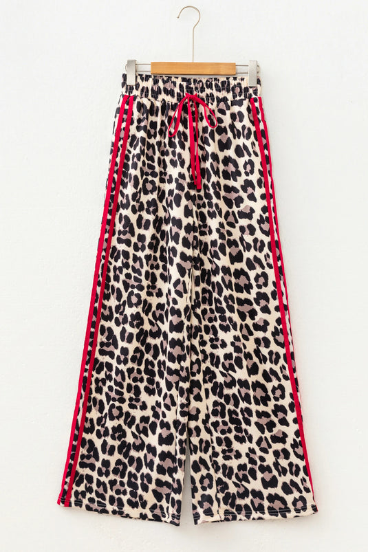 DLLS766 - Ladies Red Contrast Detail Tie Waist Leopard Print Casual Pants