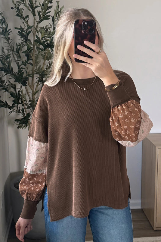 DLLS725 - Ladies Coffee Floral Print Colorblock Long Sleeve Loose Pullover Tunic Top