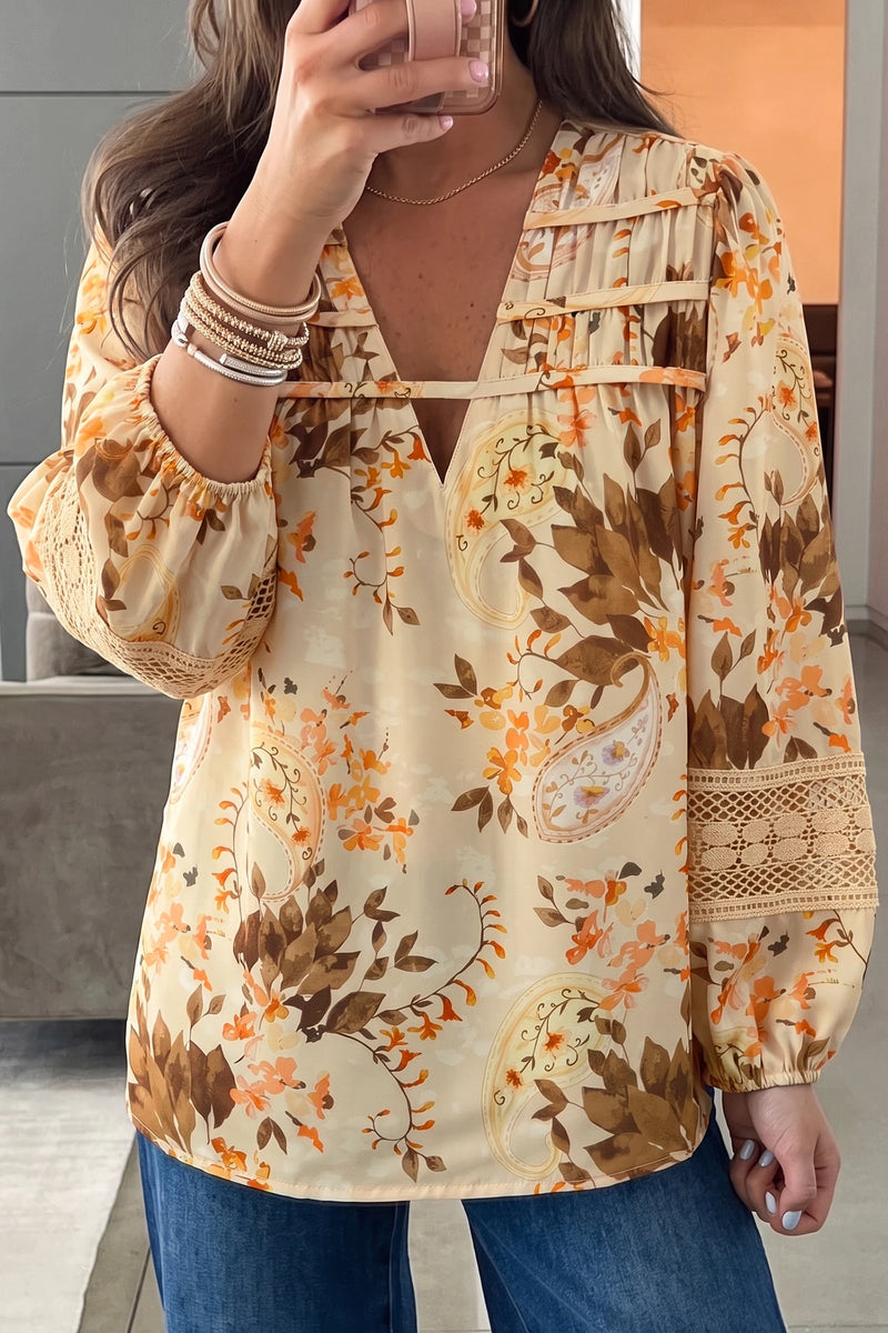 Load image into Gallery viewer, DLLS817 - Ladies Khaki Paisley Print Decorative Binding Tape V Neck Shift Blouse
