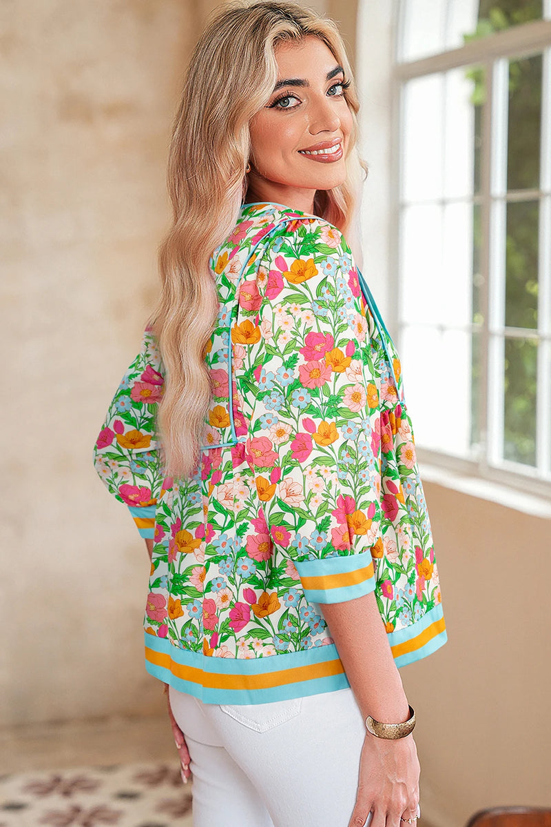 Load image into Gallery viewer, DLLS325 - Ladies Green Floral Print Striped Trim Tie Neck Puff Sleeve Babydoll Blouse
