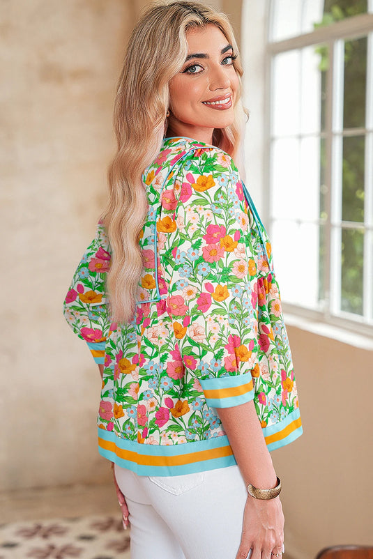 DLLS325 - Ladies Green Floral Print Striped Trim Tie Neck Puff Sleeve Babydoll Blouse