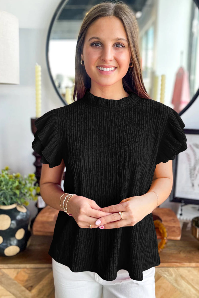 Load image into Gallery viewer, DLLS693 - Ladies Black Solid Color Textured Ruffle Trim Short Sleeve Blouse
