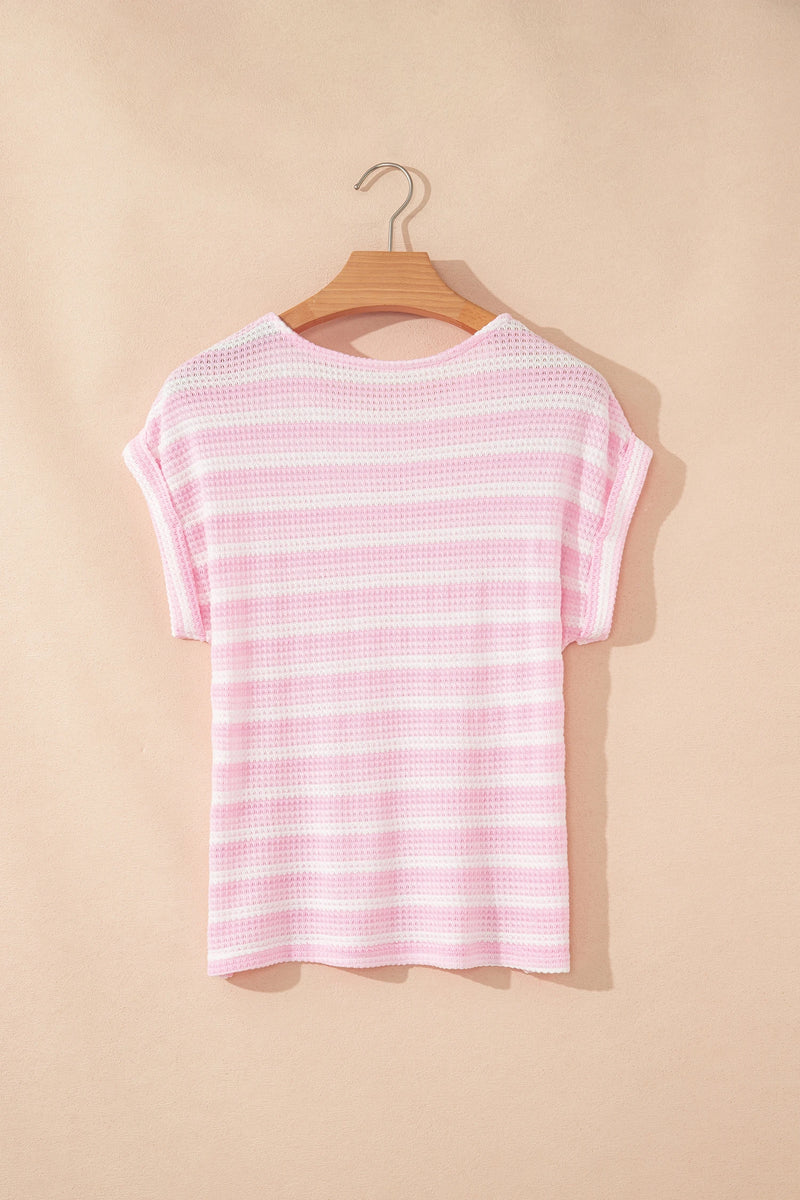 Load image into Gallery viewer, DLLS616 - Ladies Pink Striped Print Waffle Knit T Shirt
