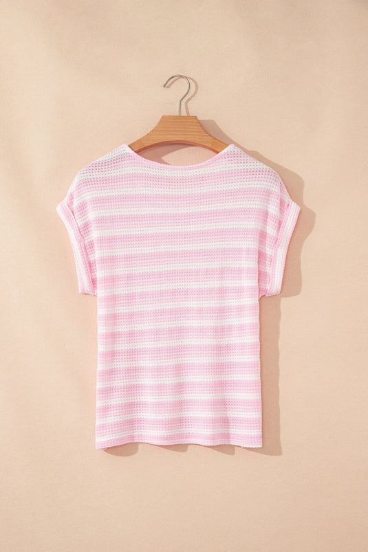 DLLS616 - Ladies Pink Striped Print Waffle Knit T Shirt