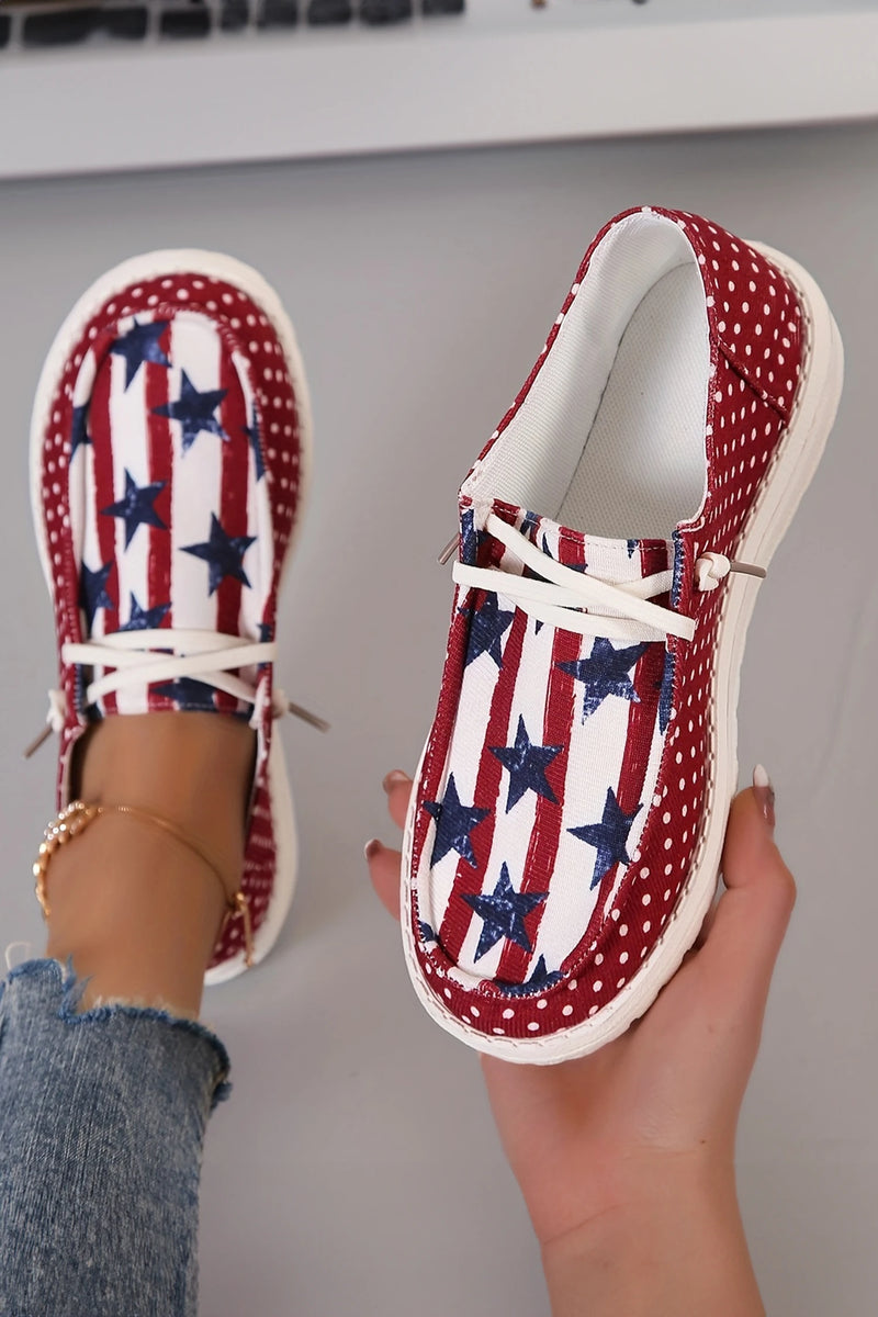 Load image into Gallery viewer, DLLSHOE 202 - Racing Red Polka Dot Stars and Stripes Independent Day Casual Shoes
