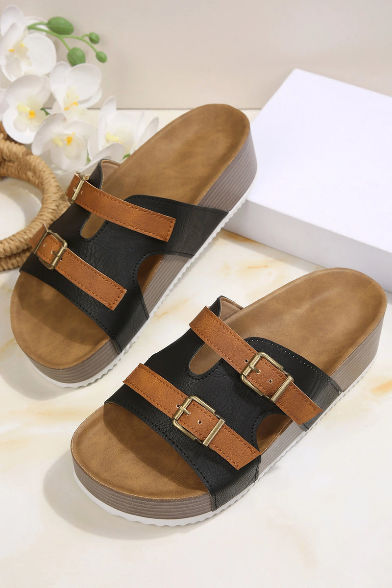 Load image into Gallery viewer, DLLSHOE 158 - Color Black Faux Suede Contrast Buckle Strap Retro Platform Slippers

