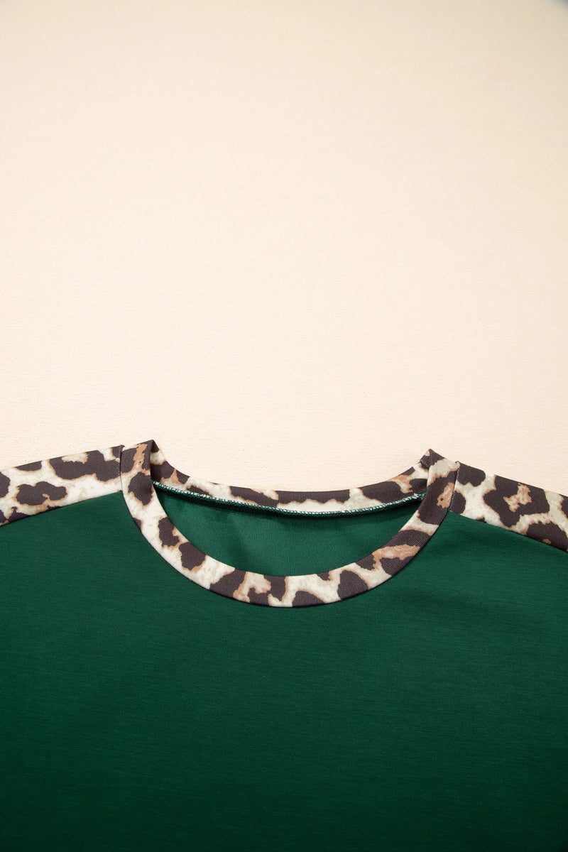 Load image into Gallery viewer, DLLS510 - Ladies Sea Green Leopard Trim Round Neck Loose T Shirt
