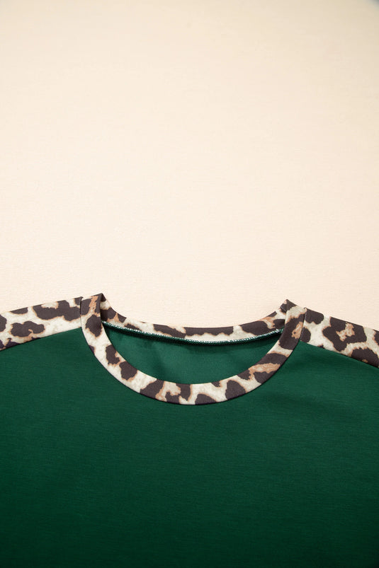DLLS510 - Ladies Sea Green Leopard Trim Round Neck Loose T Shirt