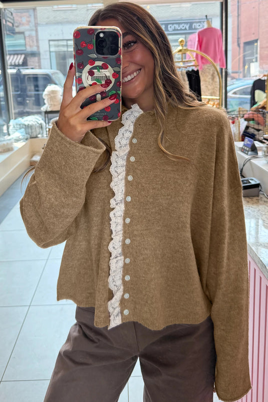 DLLS413 - Ladies Simply Taupe Contrast Frilled Lace Trim Loose Cardigan Sweater
