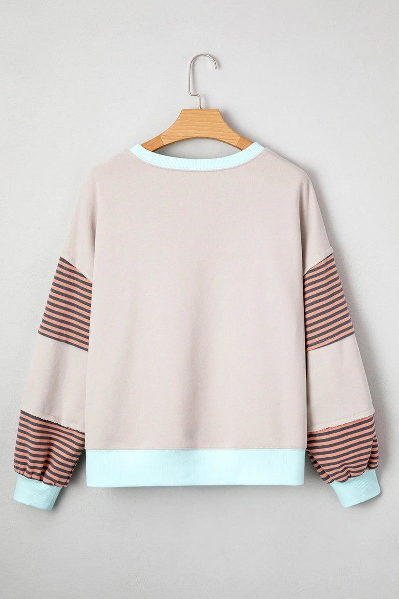Load image into Gallery viewer, DLLS455 - Ladies Jet Stream Striped Colorblock Patchwork Drop Shoulder Sweatshirt
