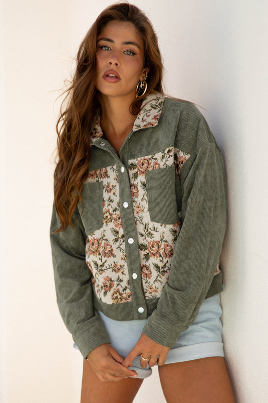 DLLS124 - Ladies Sage Green Ribbed Retro Floral Patchwork Shirt Style Jacket