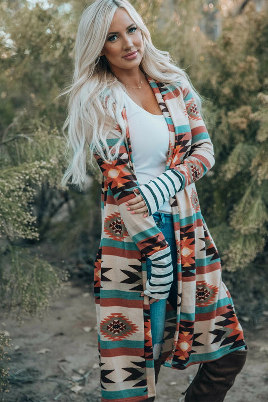DLLS758 - Ladies Multicolor Geometric Color Block Open Front Long Cardigan