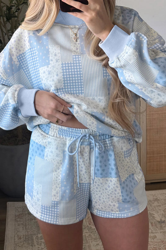 DLLS1050 - Ladies Sky Blue Patchwork Floral Print Baggy Pullover Drawstring Shorts Set